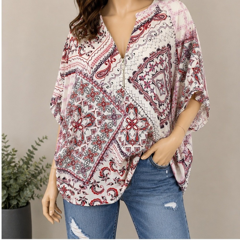 Maurices Womens Blouse Paisley Patchwork Zip Front Boho Top 4X